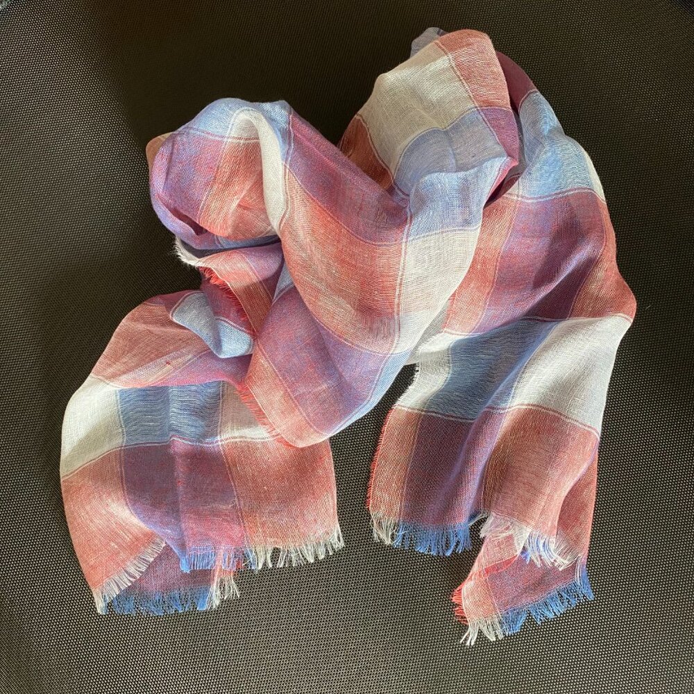NWT Made In Italy 100% Linen Frayed Scarf Wrap Red Blue White Plaid 20 x 78 in